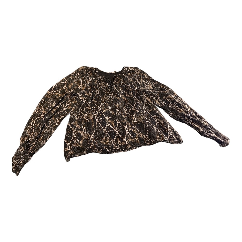 Ramy Brook Snake Print Pleated Tie Neck Blouse Black Tan Smocked Cuff Top